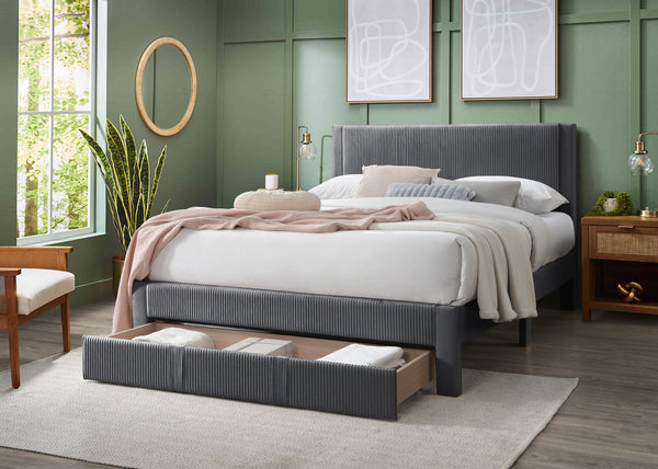 English Elm Contemporary Corduroy Upholstered Queen Platform Bed with Plush Headboard and Under-Drawer Storage Charcoal 62 L x 24 W x 10 H B011P238966