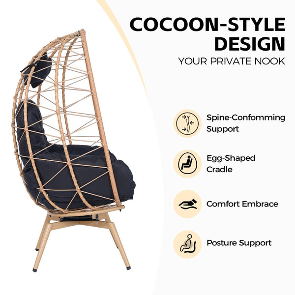 English Elm Oversized Swivel Rattan Egg Chair Hand Woven Wicker Patio Lounge with Plush Cushion T5880P501003