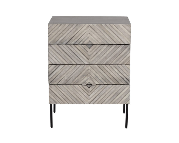 Sunpan NOEMI Nightstand - Handcrafted Grey Mango Wood with Black Steel Base, Exotic Four-Drawer Storage Solution 107342
