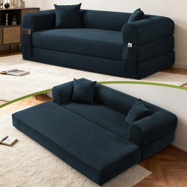 English Elm Convertible Corduroy Sleeper Sofa Queen Fold Out Bed with Dual Storage Pockets Navy Blue W3396P483181