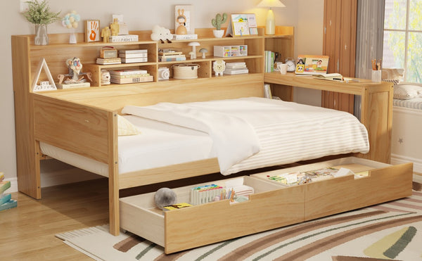 English Elm Wooden Twin Daybed with Trundle Built-in Desk and Open Shelves for Kids Rooms N733S373381M