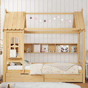English Elm Twin House Platform Bed with Drawers & Shelves, Solid Wood Playhouse Frame for Kids, Cozy Design Natural W1580S00266