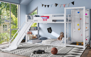 English Elm Twin Metal Loft Bed with Slide Basketball Hoop Climbing Wall and Built-in Shelves White W1580S00633