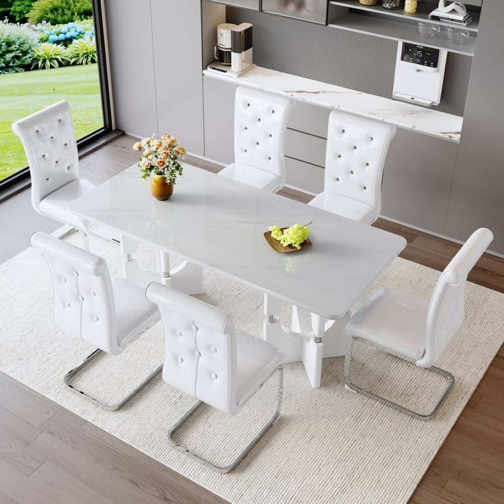English Elm Modern White Faux Marble 7 Piece Dining Set Tufted Pvc Chairs for Kitchen W3875S00080