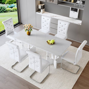 English Elm Modern White Faux Marble 7 Piece Dining Set Tufted Pvc Chairs for Kitchen W3875S00080