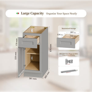 English Elm 15" Gray Shaker Base Cabinet Solid Wood Dovetail Drawer Soft Close Kitchen Bath W5662P465942