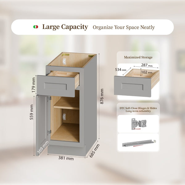 English Elm 15" Gray Shaker Base Cabinet Solid Wood Dovetail Drawer Soft Close Kitchen Bath W5662P465942