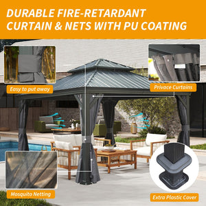 English Elm 12' X 12' Hardtop Gazebo with Drainage System, Dual-Layer Galvanized Roof, Curtains & Mosquito Netting Grey W1859S00139