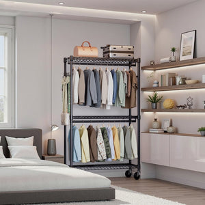 English Elm Heavy Duty Rolling Garment Rack Freestanding Closet Organizer with Adjustable Steel Shelving Black W5386P445614