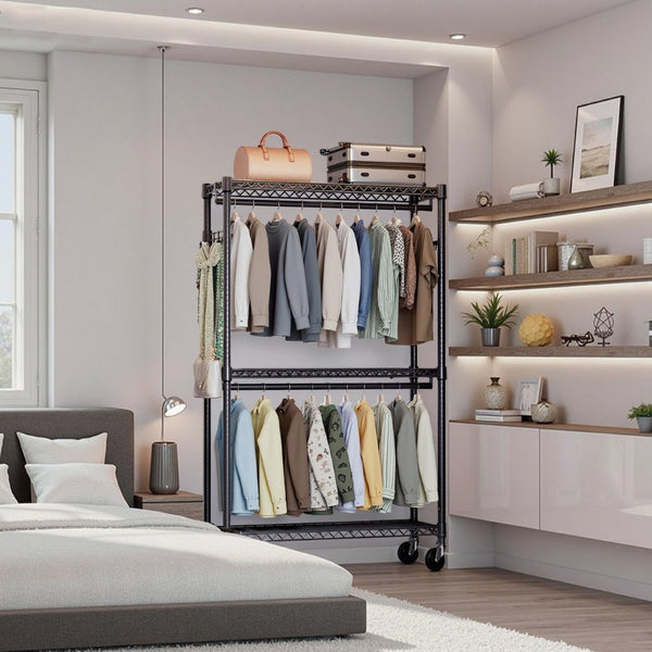 English Elm Heavy Duty Rolling Garment Rack Freestanding Closet Organizer with Adjustable Steel Shelving Black W5386P445614