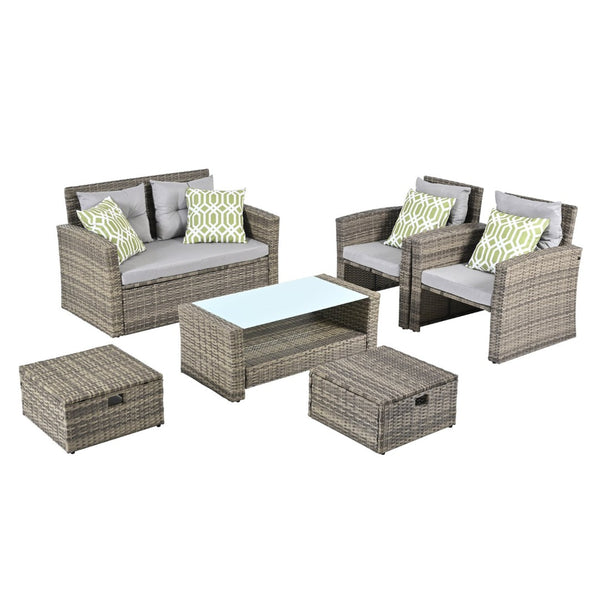 English Elm Patio 6-Piece Pe Wicker Furniture Set With Glass Coffee Table - Stylish Outdoor Seating For Any Space W1703S00020-GIGA