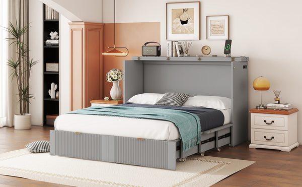 English Elm Full Size Murphy Wall Bed with Storage Drawers Usb Ports and Pulley Folding Cabinet LP000770AAE