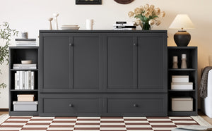 English Elm Queen Murphy Wall Bed with Open Shelves and Drawers for Guest or Office Rooms Dark Gray W5316S00009