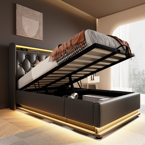 English Elm Twin Upholstered Bed with Hydraulic Storage, Surround LED, App/Remote Control & USB Type-C Charging Black N736P188805B