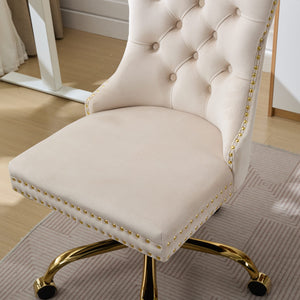 English Elm A&A Velvet Tufted Office Chair with Hand-Pulled Buttons, Nailhead Trim & Golden Metal Base, Luxe Comfort Beige W1143P292466