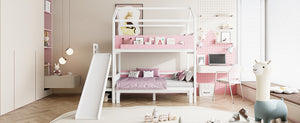 English Elm House-shaped Pine Bunk Bed with Built-in Slide Storage Staircase Twin Over Full Kids Frame White+Pink N820S00082K