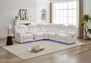 English Elm Ms Five Seat Power Reclining Sectional Faux Leather with Led Bluetooth Usb Charging White W1805S00183