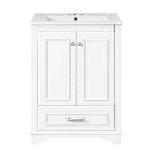 English Elm 24'' Bathroom Vanity with Ceramic Sink Combo Modern Freestanding MDF Cabinet with Soft-Close Doors and Sleek Silver Handles for Spacious Organized Bathroom Storage White N710P194893K