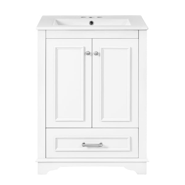 English Elm 24'' Bathroom Vanity with Ceramic Sink Combo Modern Freestanding MDF Cabinet with Soft-Close Doors and Sleek Silver Handles for Spacious Organized Bathroom Storage White N710P194893K