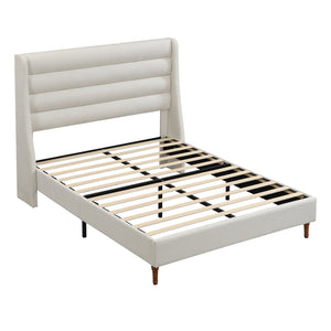English Elm Queen Chenille Platform Bed with Wave Headboard, Noise-Free EVA Foam, Solid Wood, Ivory Finish W1716P362409