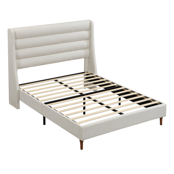 English Elm Queen Chenille Platform Bed with Wave Headboard, Noise-Free EVA Foam, Solid Wood, Ivory Finish W1716P362409