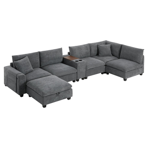 English Elm 140'' Oversized Modular Sectional Sofa with Movable Storage Ottoman, USB Charger, Console, 6-Seater U-Shaped Corduroy Gray N723S0166E