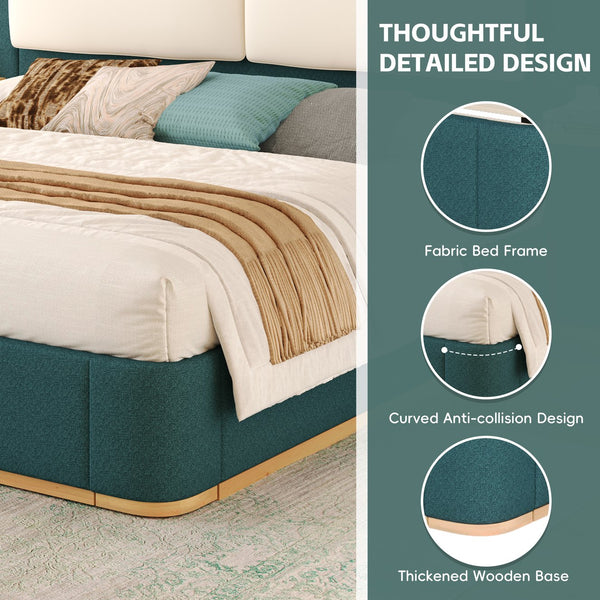 English Elm Christopher Knight Home® - Queen Plush Leather Upholstered Bed Frame with Wingback Headboard, Wavy Footboard, Quiet Support Green 50.63 L x 18.88 W x 8.25 H N761S0000023F