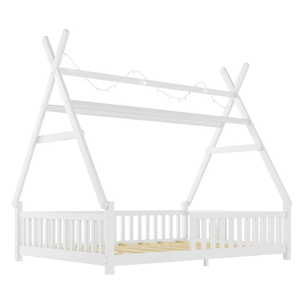 English Elm Full House Kids House Bed with Roof & Fence, Low Floor Solid Pine Frame, Stylish Nightlight Ready White 80.91 L x 15.55 W x 6.5 H W2593P296919