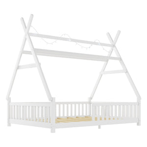 English Elm Twin Montessori Floor Bed House Frame with Led Lighting and Safety Rails for Kids White W2593P440589