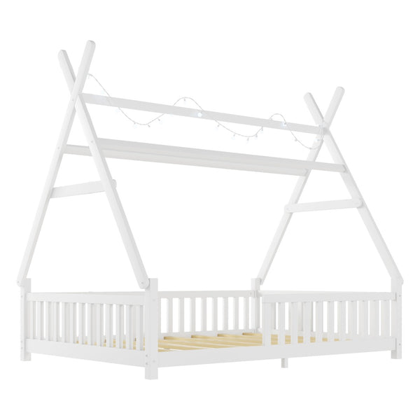 English Elm Twin Montessori Floor Bed House Frame with Led Lighting and Safety Rails for Kids White W2593P440589