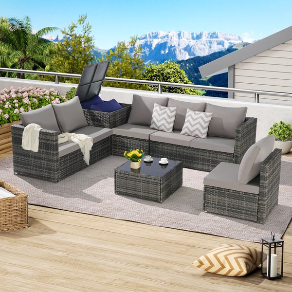 English Elm 6 6-Piece Wicker Patio Sectional Set with Tempered Glass Coffee Table, Weather-Resistant Rattan Sofa Light Gray W874S00028