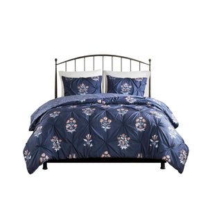English Elm King/Cal King Floral Pintuck Duvet Cover Set – Navy Microfiber, Modern Farmhouse Elegance, Button Closure & Inner Ties B035P217808