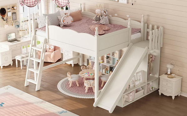 English Elm Queen Solid Pine Loft Bed with Wardrobe Shelves Detachable Slide and Dual Sleeping Zones Beige W5305S00028