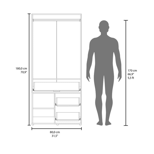 English Elm Care Free Multi-Storage Wardrobe with Rod, Drawers & Open Shelves — Compact White Bedroom Organizer B128S00178