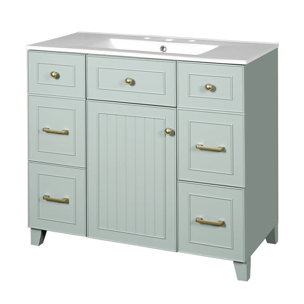 English Elm 36" Green Bathroom Vanity with Ceramic Sink, Gold Handles, Soft-Close Drawers & Adjustable Shelf N729P257304F