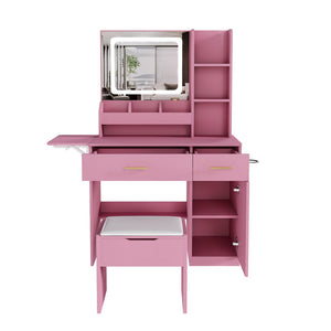 English Elm Vanity Desk with Led Mirror Power Station 3 Drawers Shelves and Makeup Stool W2700P342539