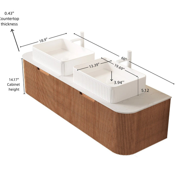 English Elm Dina 60 Inch Floating Bathroom Vanity Sintered Stone Top Dual Glass Basins Wood Grain Carrara White,Natural Wood,White W2615S00163