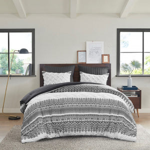 English Elm 3 Piece Cotton Comforter Set with Chenille Tufting Mila Botanic Chevron Print Full/Queen, Shabby Chic Fabrication Gray 19 L x 13.5 W x 13.5 H B03596427
