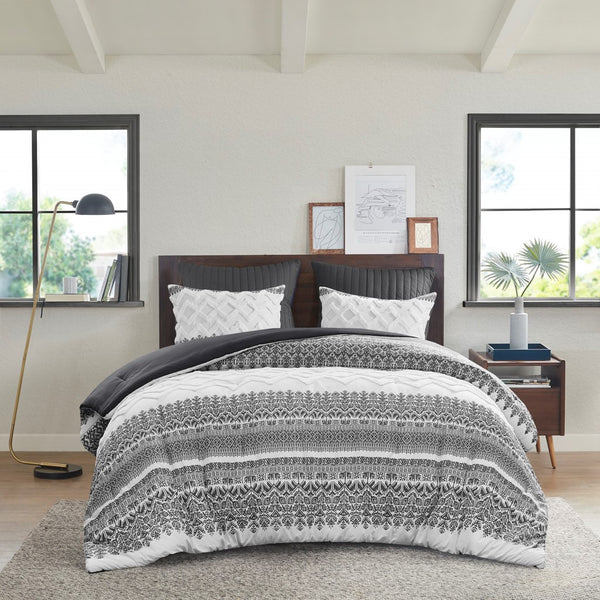 English Elm 3 Piece Cotton Comforter Set with Chenille Tufting Mila Botanic Chevron Print Full/Queen, Shabby Chic Fabrication Gray 19 L x 13.5 W x 13.5 H B03596427