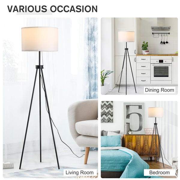 English Elm HOMCOM Tripod Floor Lamp 59.75" with Pull Chain, Black Fabric Shade, E26 Socket, Stable Steel Design W2225P217293