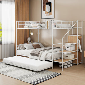 English Elm Twin Metal Bunk Bed with Trundle, Lateral Storage Ladder & Wardrobe | Space-Saving Durable Design White SF000173AAK
