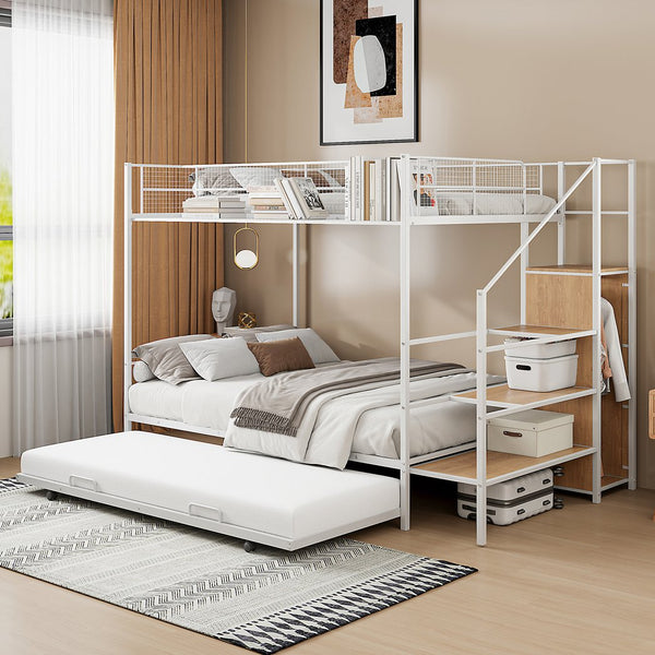 English Elm Twin Metal Bunk Bed with Trundle, Lateral Storage Ladder & Wardrobe | Space-Saving Durable Design White SF000173AAK
