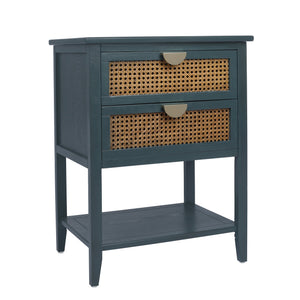 English Elm 2 Elegant Rattan Side Table with Solid Wood Veneer, Semi-Circular Metal Handle, Bedroom Accent Piece Green W68858072
