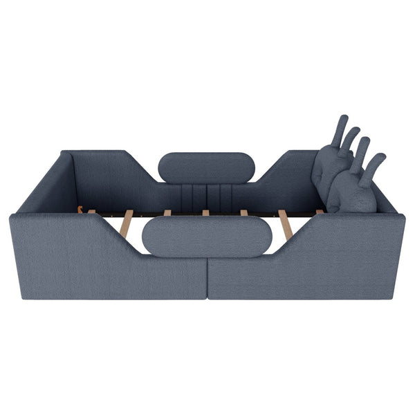 English Elm Twin Kids Platform Bed Teddy Fabric Upholstered with Bunny Cushions and Safety Rails Gray W2593P395809