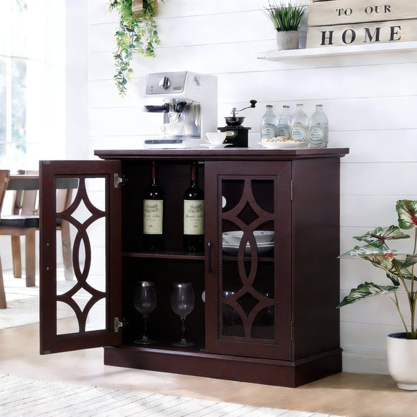 English Elm Elegant Mirrored Sideboard with Butterfly Carved Doors Wood Grain Finish Dining Storage Ox Blood Red W2899P372744