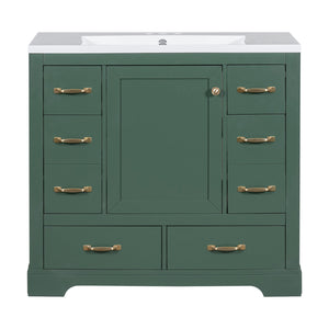 English Elm 36" Modern Bathroom Vanity with Ceramic Sink, Six Drawers, Adjustable Shelf, Solid Wood Build Green SY999808AAF-6