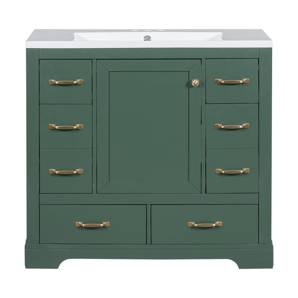 English Elm 36" Modern Bathroom Vanity with Ceramic Sink, Six Drawers, Adjustable Shelf, Solid Wood Build Green SY999808AAF-6