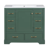 English Elm 36" Bathroom Vanity With Sink Combo, Six Drawers, Multi-Functional Drawer Divider, Adjustable Shelf, Green