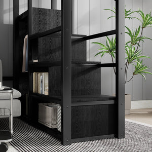 English Elm Full Size Loft Bed With Stairs And Storage Shelves – Stylish Black Metal High Loft Bed For Kids & Teens W2580S00037