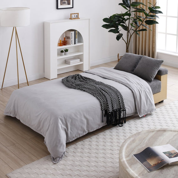 English Elm Convertible Sleeper Sofa with Reversible Armrest, Storage Ottoman, Drop-Down Table & Dual Cup Holders for Living Room Comfort Grey W2677S00023